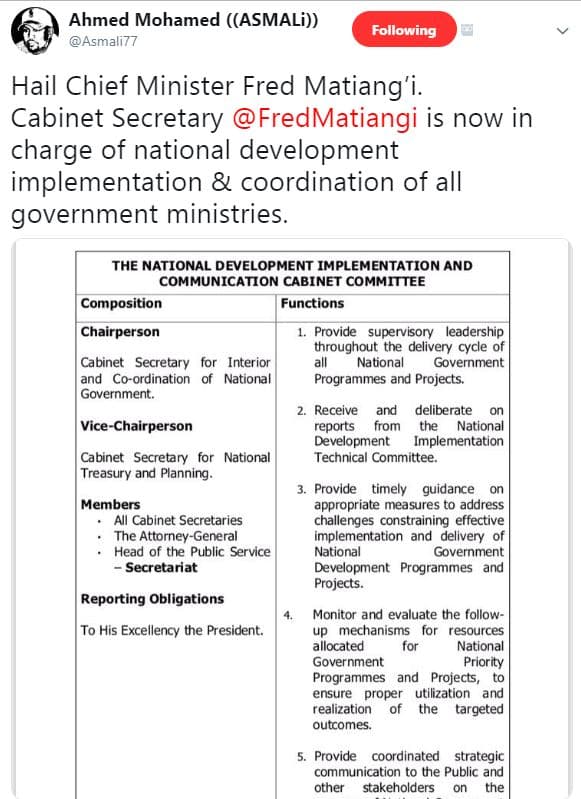 Ahmed mohamed asmali asmali77 following hail chief minister fred matiang'i. cabi