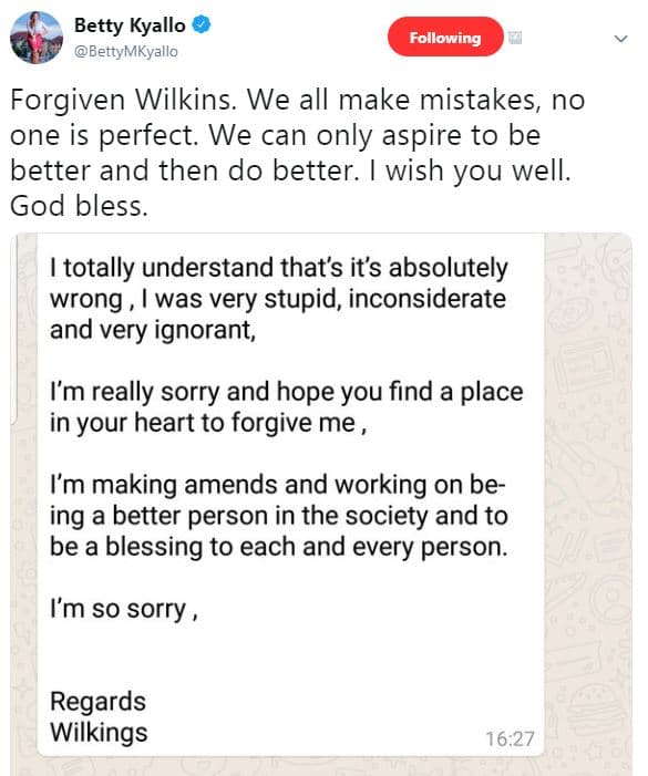 Betty kyallo bettymkyallo following forgiven wilkins. we all make mistakes no on