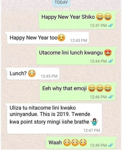 Today happy new year shiko pm happy new year too 12.43 pm utacome lini lunch kwa