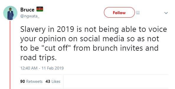 Bruce ngwata follow slavery in is not being able to voice your opinion on social