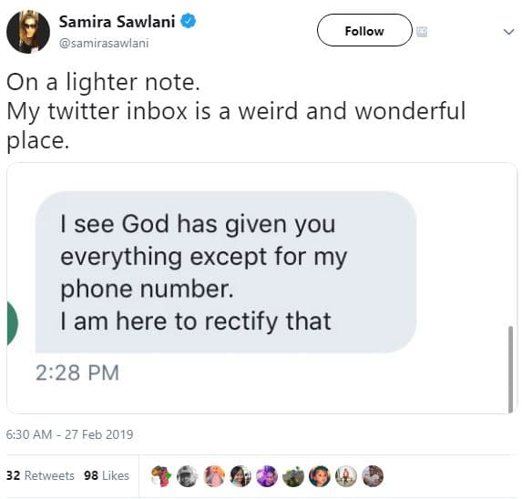 Samira sawlani samirasawlani follow on lighter note my twitter inbox is a weird