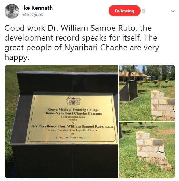 Ike kenneth ikeojuok following good work dr. william samoe ruto, the development