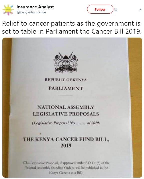 Insurance analyst kenyanlnsurance follow relief to cancer patients as the govern