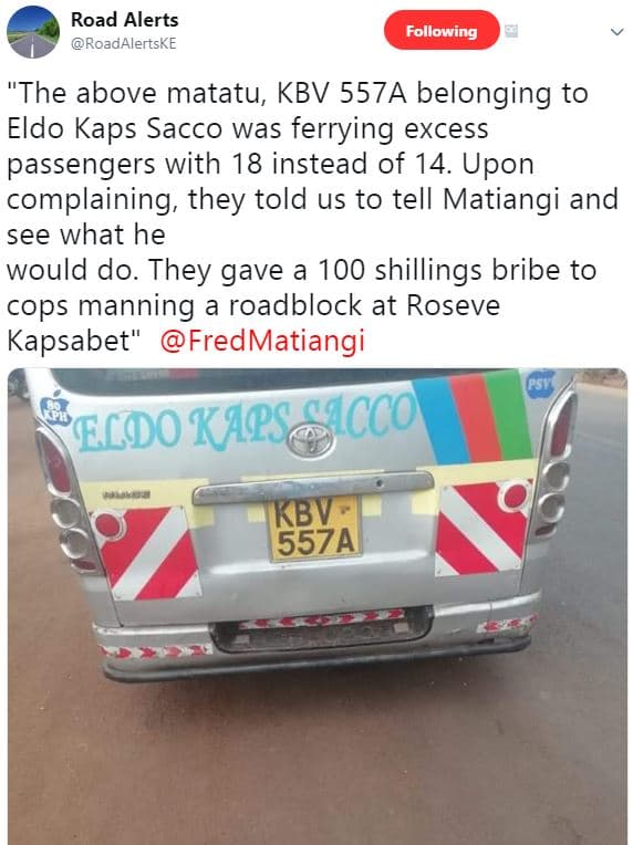 Road alerts roadalertske following the above matatu kbv 557a belonging to eldo k