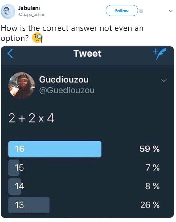 Jabulani papa_action follow how is the correct answer not even an option? tweet