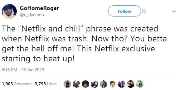 Gohomeroger g_dynamo follow the netflix and chill phrase was created when netfli