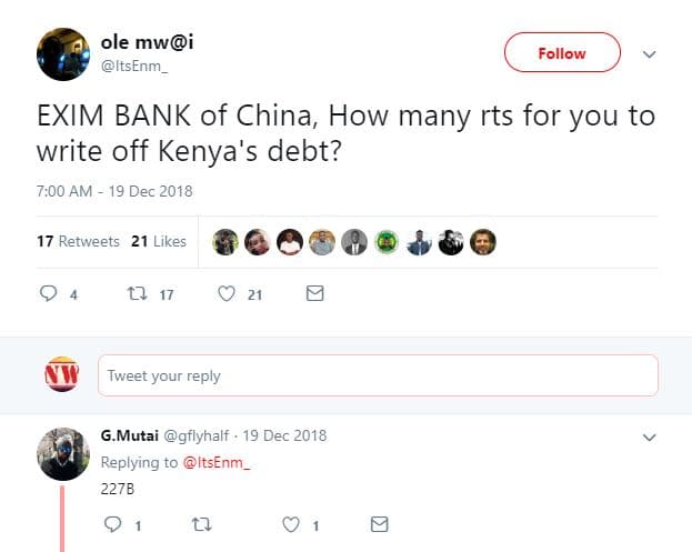 Ole mwi itsenm _ follow exim bank of china how many rts for you to write off ken
