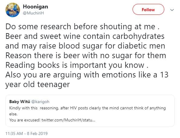 Hoonigan muchirih follow do some research before shouting at me beer and sweet w