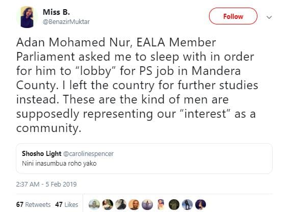 Miss b. benazırmuktar follow adan mohamed nur, eala member parliament asked me t