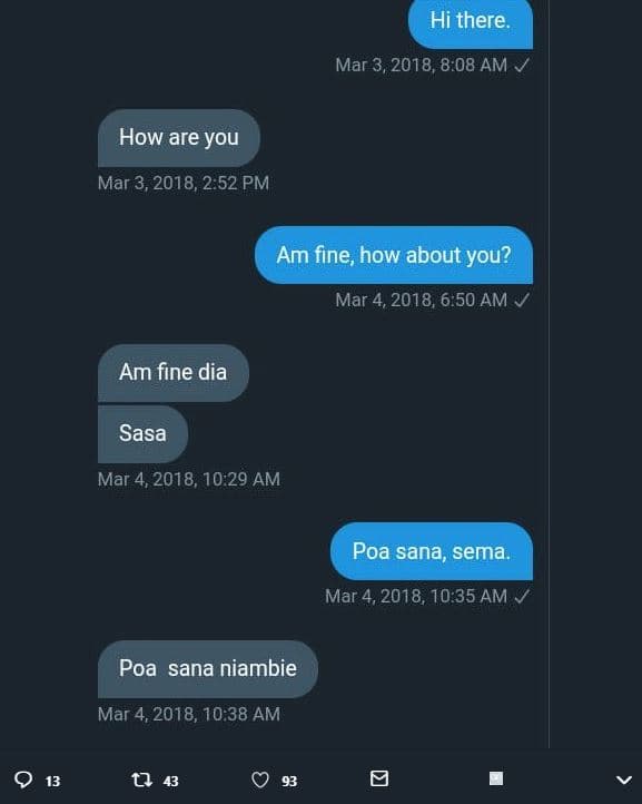 Hi there mar 3,,8.08 am how are you mar 3,,2.52 pm am fine, how about you? mar 4