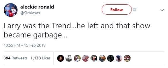 Aleckie ronald siralexas follow larry was the trend_he left and that show became