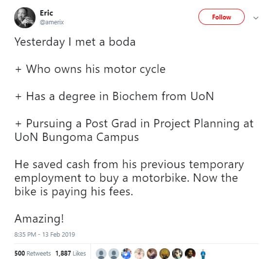 Eric amerix follow yesterday met a boda who owns his motor cycle has a degree in