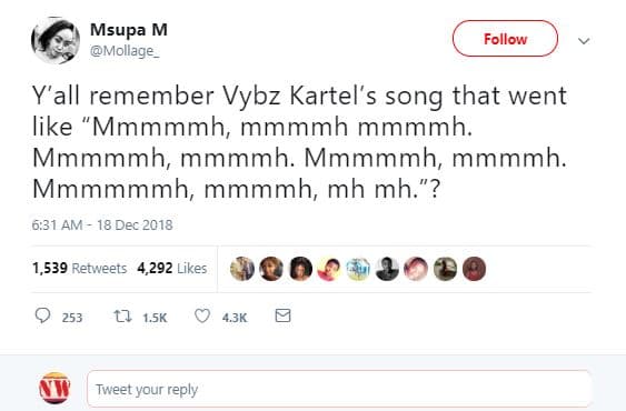 Msupa m mollage follow y'all remember vybz kartel's song that went like mmmmmh m