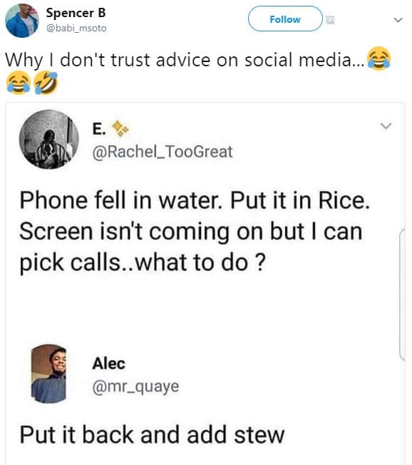 Spencer b babi_msoto follow why don't trust advice on social media. e rachel_too