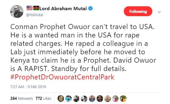 Lord abraham mutai itsmutai following conman prophet owuor can't travel to usa.