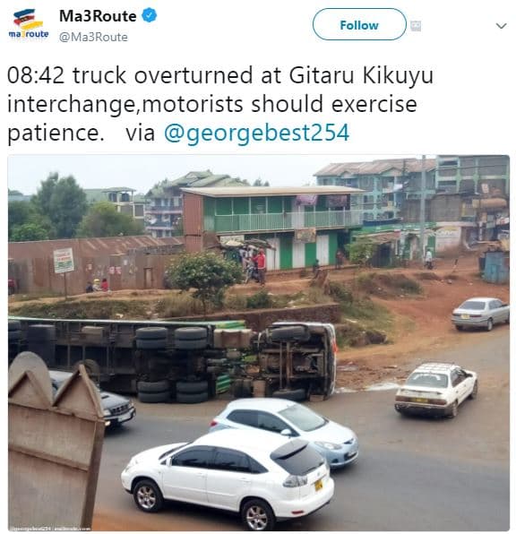 Ma3route route ma3route follow 08.42 truck overturned at gitaru kikuyu interchan