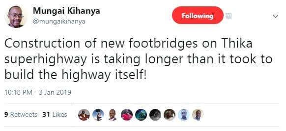 Mungai kihanya mungaikihanya following construction of new footbridges on thika