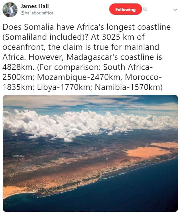 James hall hallaboutafrica following does somalia have africa's longest coastlin