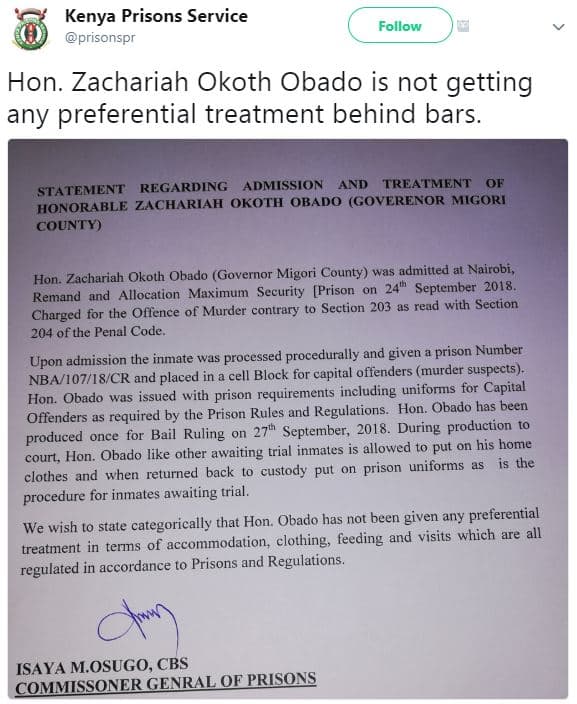 Kenya prisons service prisonspr follow hon. zachariah okoth obado is not getting