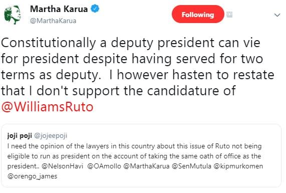 Martha karua marthakarua following constitutionally a deputy president can vie f