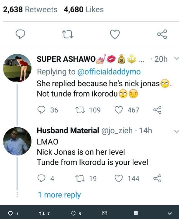 2,638 retweets 4,680 likes 2 super ashawo 20h replying to officialdaddymo she re