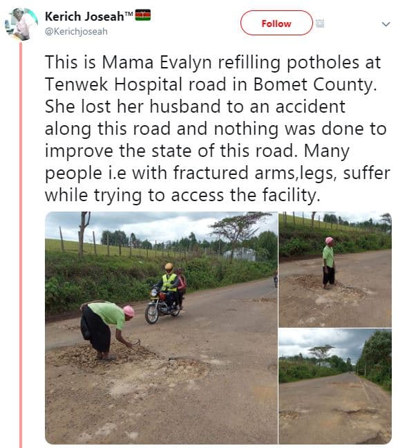 Kerich joseah kerichjoseah follow this is mama evalyn refilling potholes at tenw