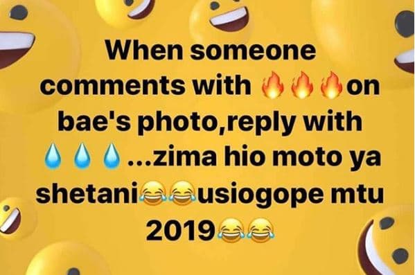 When someone comments with on bae's photo reply with zima hio moto ya shetani us