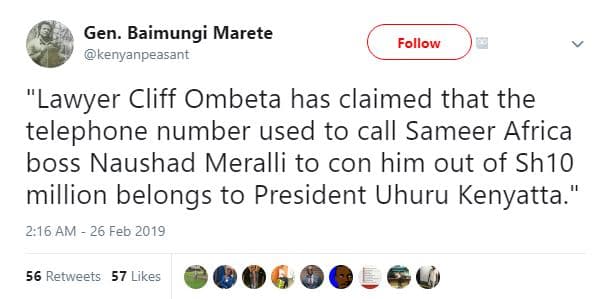 Gen. baimungi marete kenyanpeasant follow lawyer cliff ombeta has claimed that t