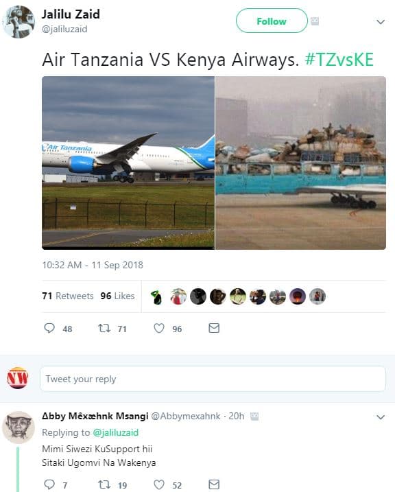 Jalilu zaid jaliluzaid follow air tanzania vs kenya airways. tzvske 10.32 am 11