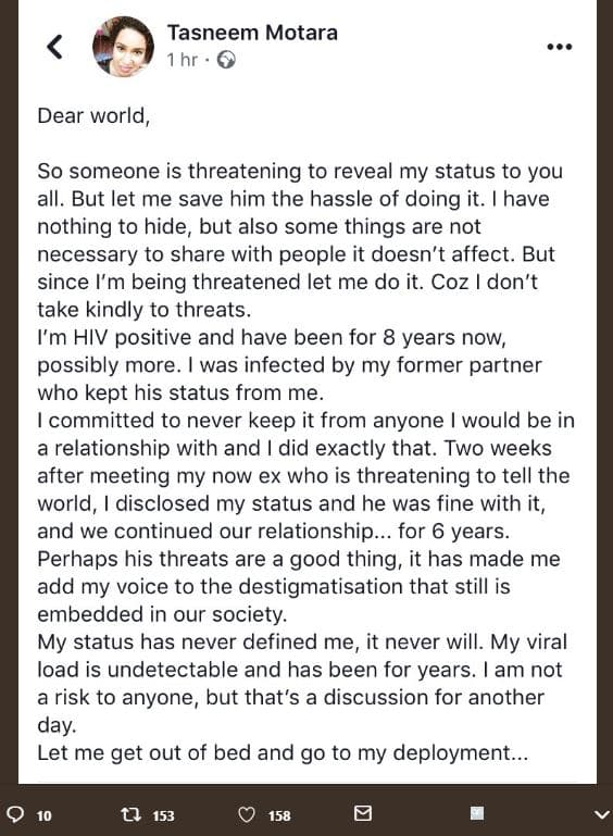 Tasneem motara 1 hr dear world, so someone is threatening to reveal my status to