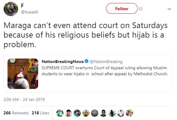 Follow fuwadii maraga can't even attend court on saturdays because of his religi