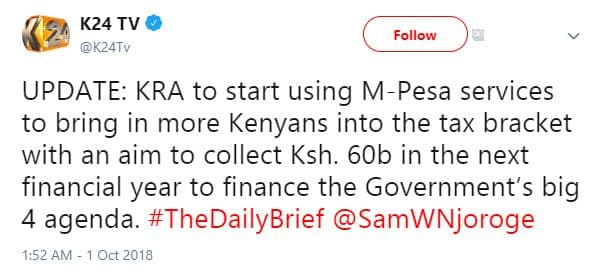 K24 tv kz4tv follow update kra to start using mpesa services to bring in more ke