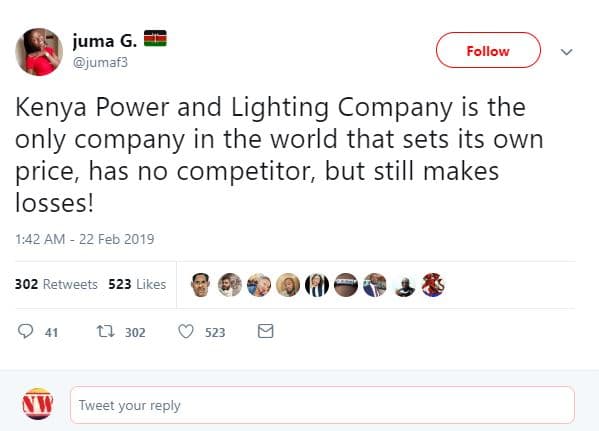 Juma g jumaf3 follow kenya power and lighting company is the only company in the