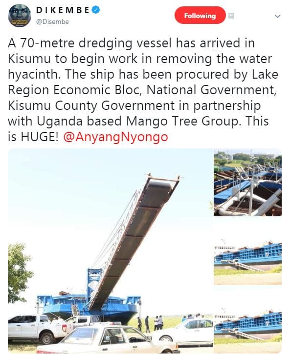 Dikem b e disembe following a 70metre dredging vessel has arrived in kisumu to b