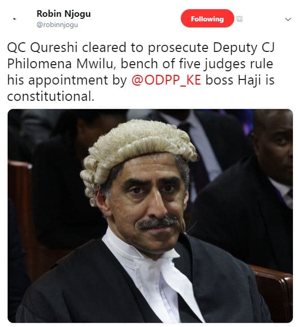 Robin njogu robinnjogu following qc qureshi cleared to prosecute deputy cj philo