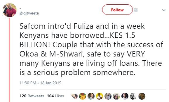 Follow gitweeta safcom intro'd fuliza and in a week kenyans have borrowed_kes 1.