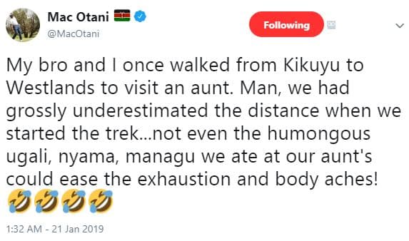 Mac otani macotani following my bro and once walked from kikuyu to westlands to
