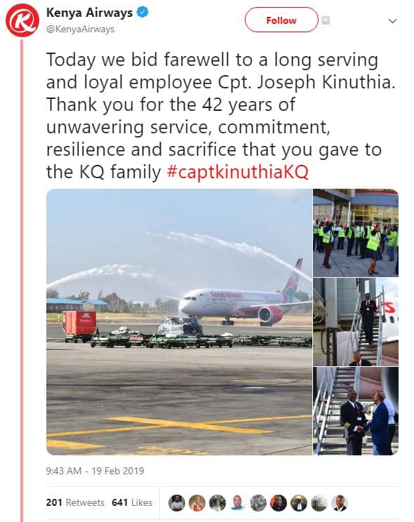 Kenya airways follow kenyaairways today we bid farewell to long serving and loya