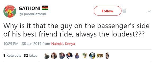 Gathoni queengathoni follow why is it that the guy on the passenger's side of hi