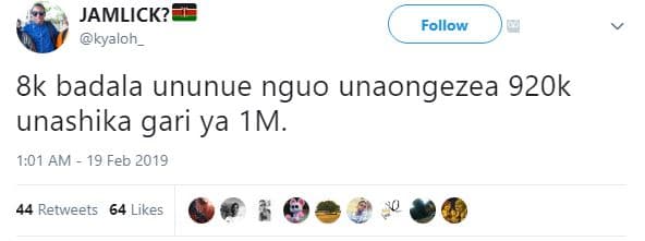 Jamlick? kyaloh _ follow 8k badala ununue nguo unaongezea 920k unashika gari ya