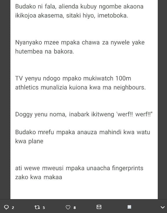 Budako ni fala alienda kubuy ngombe akaona ikikojoa akasema sitaki hiyo imetobok