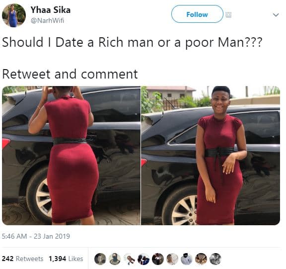 Yhaa sika narhwvifi follow should date rich man or poor man??? retweet and comme