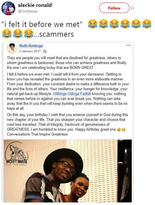 Aleckie ronald siralexas follow felt it before we met scammers ruth ambogo 2 jan