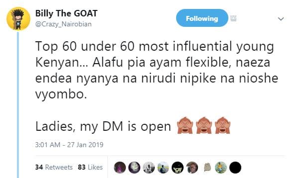 Billy the goat crazy_nairobian following top 60 under 60 most influential young