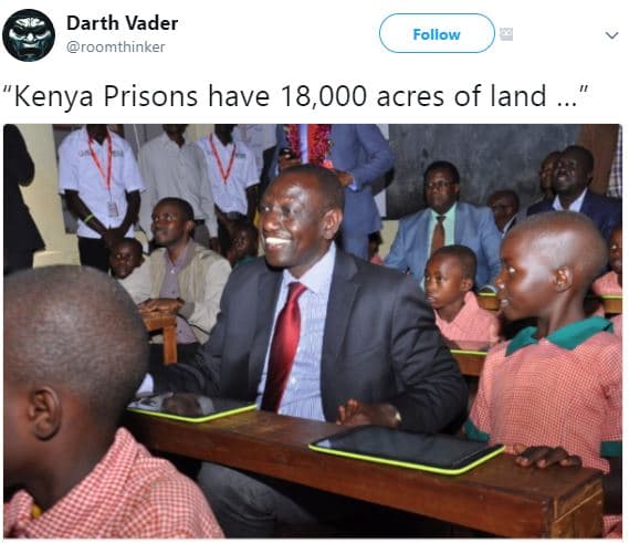 Darth vader roomthinker follow 'kenya prisons have 18,000 acres of land