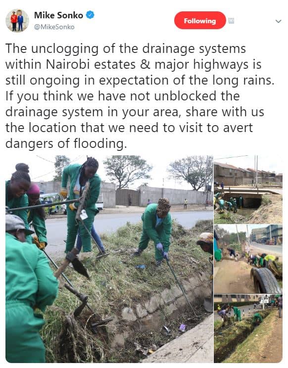 Mike sonko mikesonko following the unclogging of the drainage systems within nai
