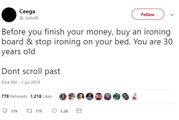 Ceega _sellom follow before you finish your money, buy an ironing board stop iro