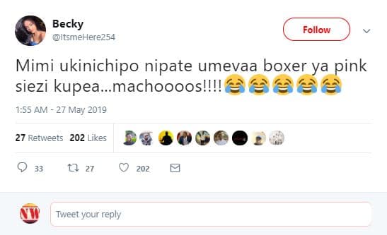 Becky itsmeherez54 follow mimi ukinichipo nipate umevaa boxer ya pink siezi kupe