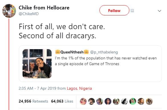 Chike from hellocare chikemd follow first of all, we don't care second of all dr
