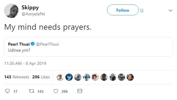 Skippy aonjelapel follow my mind needs prayers. pearl thusi pearlthusi udliwa yi